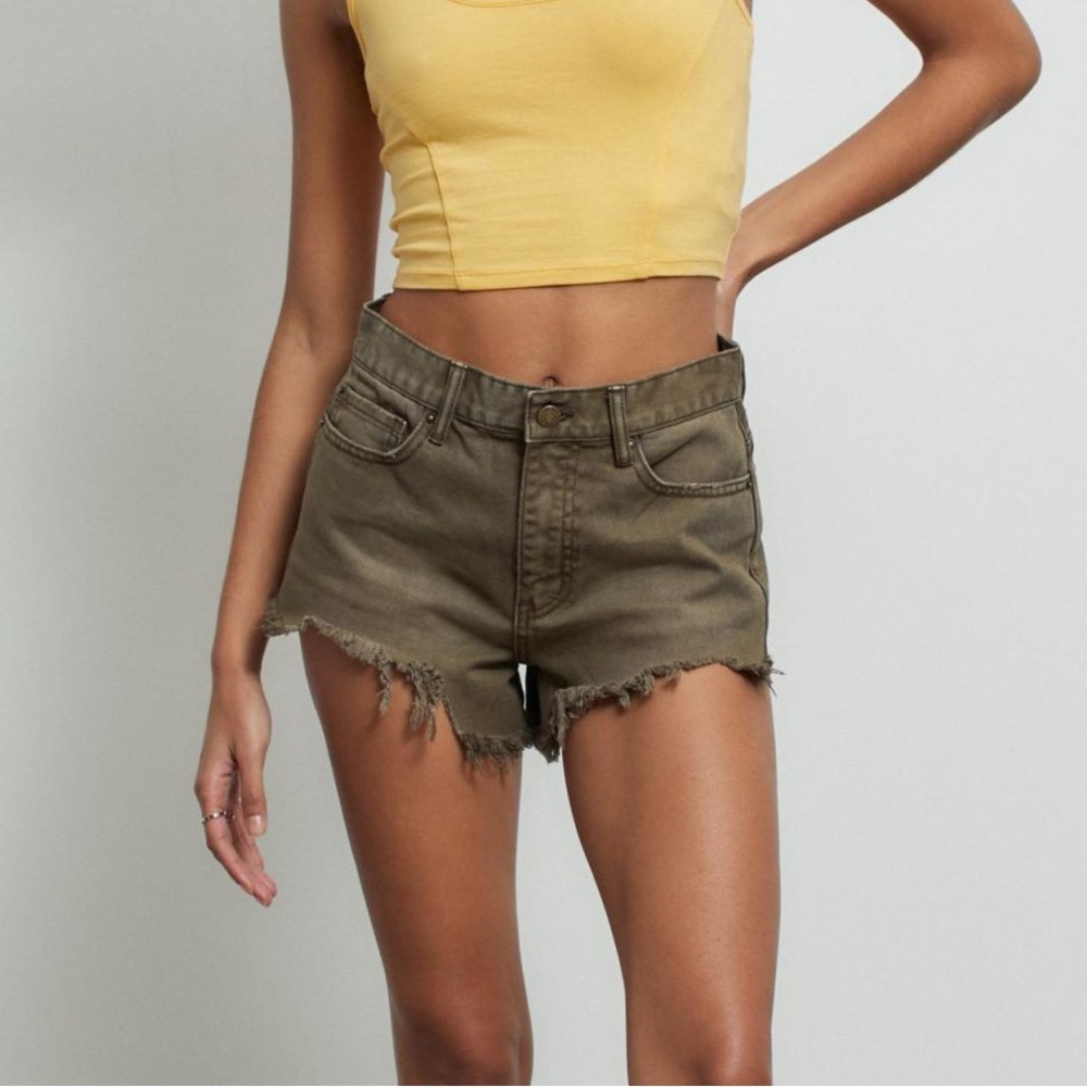 BDG cheeky short denim high waisted cut offs in faded army olive green